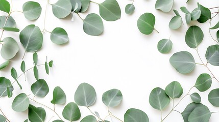 Eucalyptus leaves on white background Frame made of eucalyptus branches Flat lay top view copy space : Generative AI