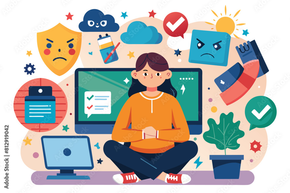Poster woman focused on computer screen while surrounded by various icons representing different applicatio