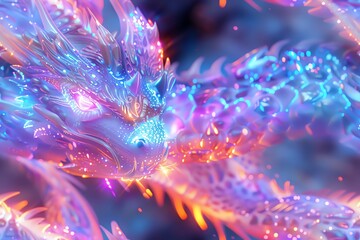 Illuminate a majestic dragon in a worms-eye view, its iridescent scales glinting under neon lights, blending magic with cyberpunk elements