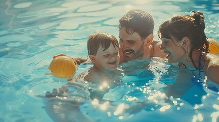 Happy young family in swimming pool on a summer day Family of four enjoying their summer vacation : Generative AI