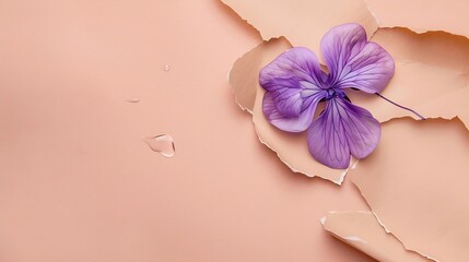 Spring creative layout with purple flower on beige torn paper and pastel pink background  Retro...