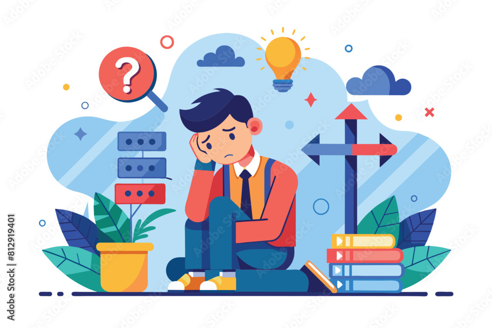 Poster a man sits on a stack of books with a question mark hovering above his head, symbolizing confusion o