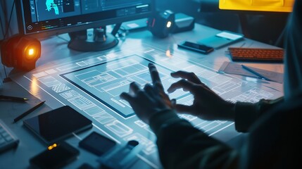 Website development UIUX front end designer reviewing sketched wireframe layout design mockup for responsive web content with AR screen : Generative AI