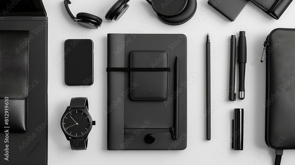 Poster Man Items in all Black on a White Background Shot from Above with Cell Phone Pens Wallet Watch Notebook and Headphones : Generative AI