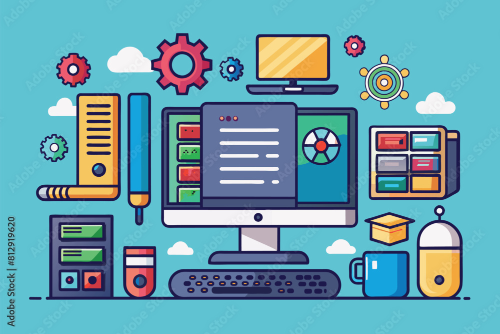 Poster a desktop computer sits amidst a variety of surrounding devices, desktop computer customizable dispr