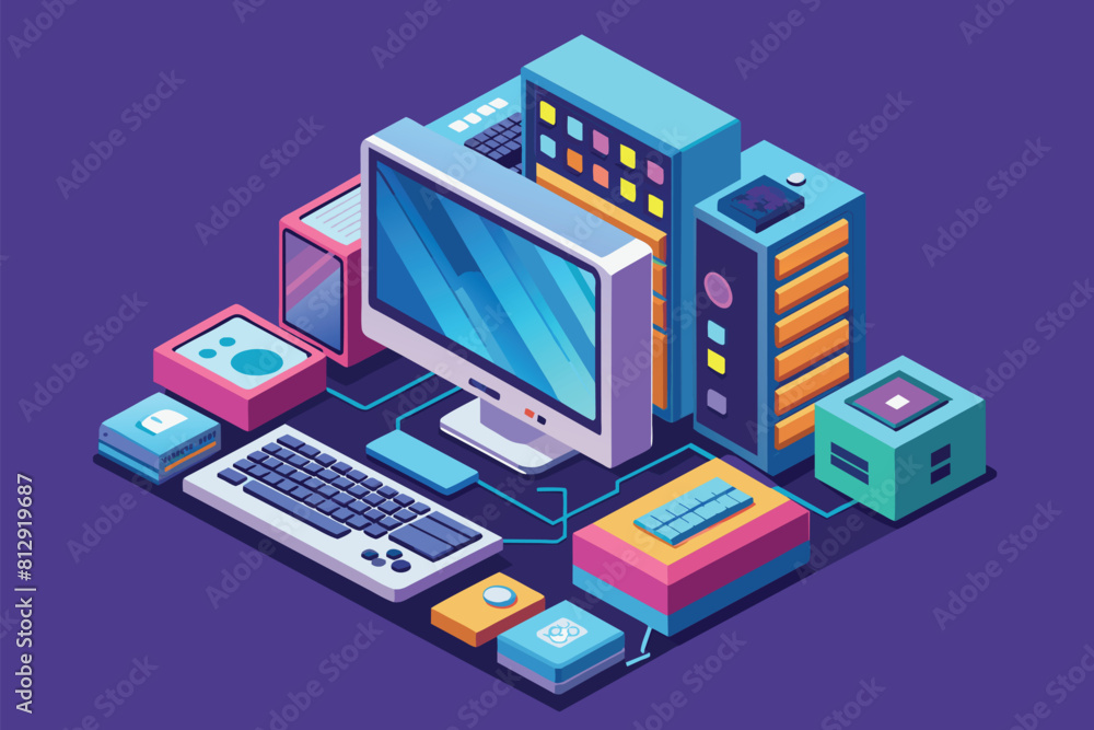 Poster a computer monitor sits on top of a desk next to a keyboard in an office setting, desktop computer c
