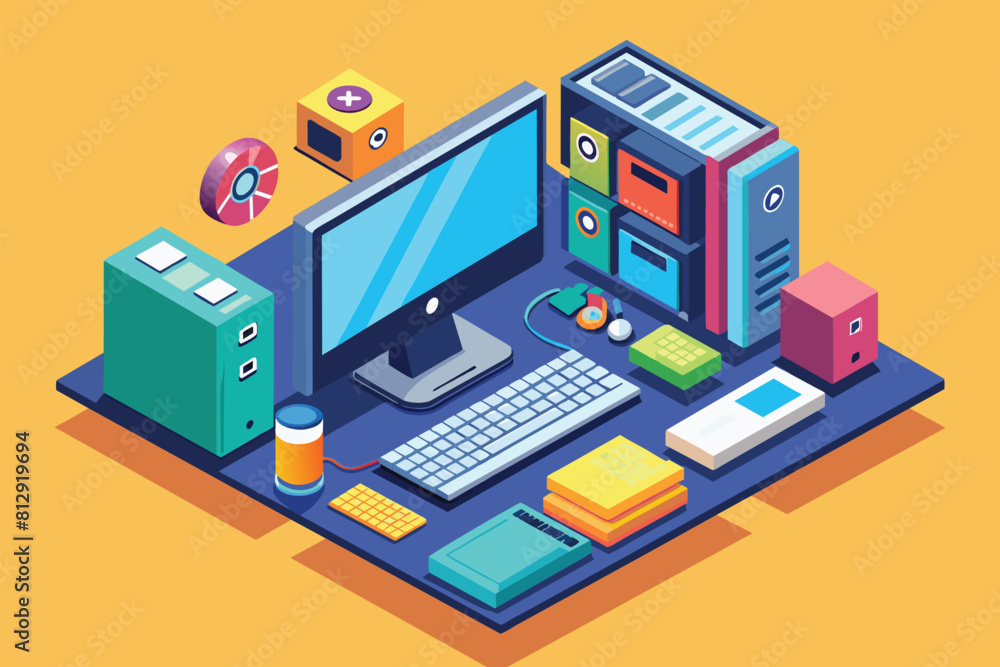 Poster a desktop computer set atop a desk in a room, desktop computer customizable isometric illustration