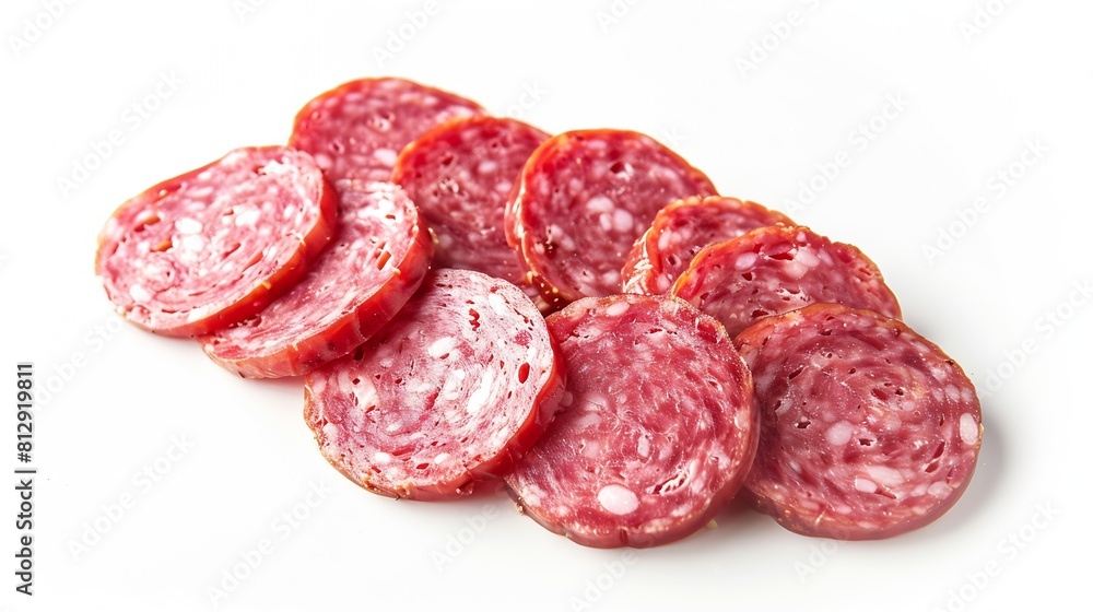 Poster salami sausage slices isolated on white background pieces of sliced salami sausage laid out to creat