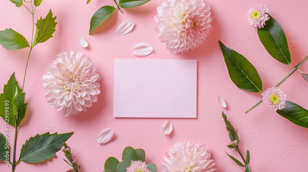 Poster creative layout made of flowers and leaves with paper card note flat lay nature concept : generative