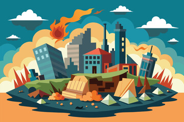 Obraz premium Cartoon illustration of a bustling city with numerous tall buildings, Destroyed city Customizable Flat Illustration