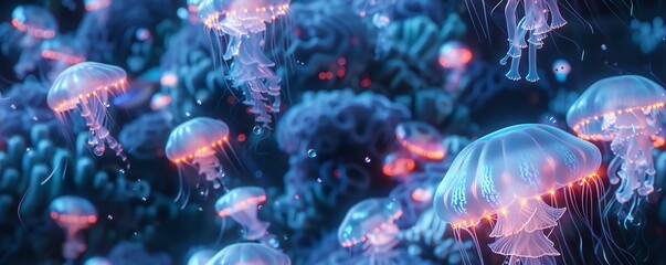 Obraz premium Imagine a futuristic scene where tiny robotic butterflies pollinate glowing jellyfish-like plants amidst floating coral structures