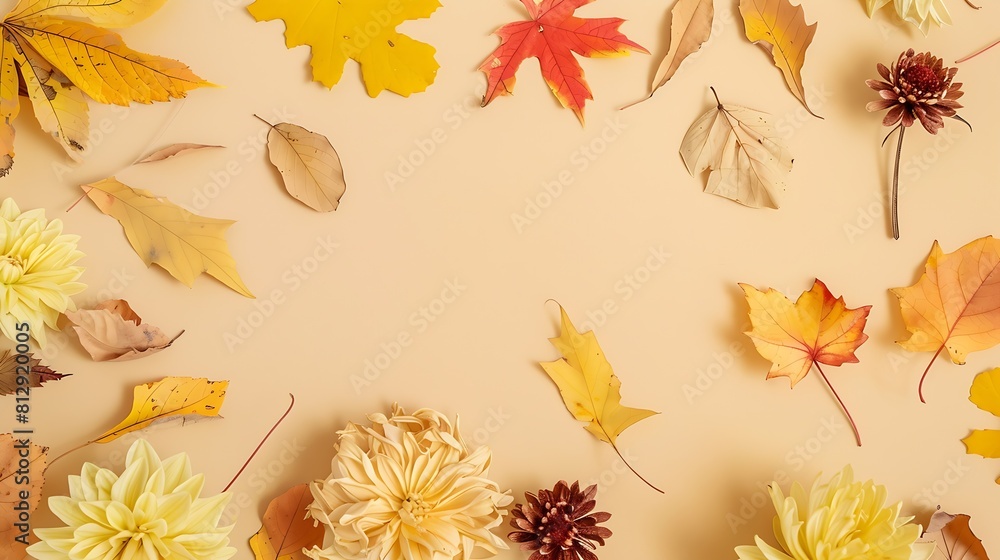 Poster autumn composition paper blank dried flowers and leaves on pastel beige background autumn fall conce
