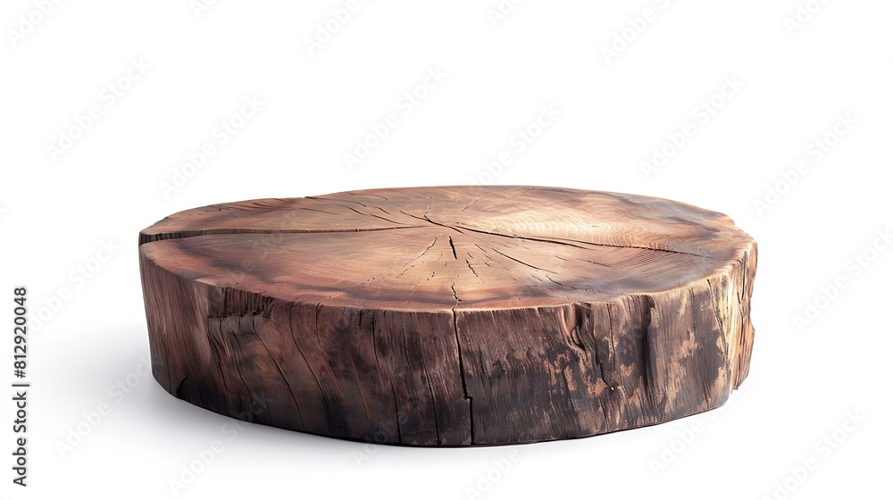 Poster Old wooden podium for display product isolated on white background with clipping path Brown log standing for cosmetic product presentation : Generative AI