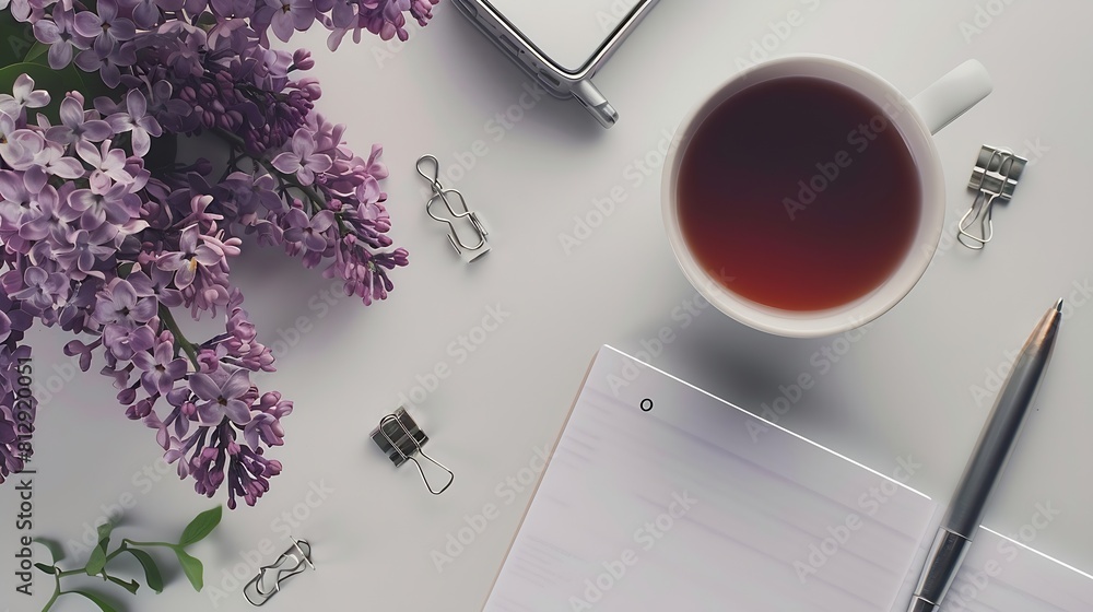 Poster notepad and pen paper clips and clips with a layout of the place to copy Home office desktop with top view decorated with lilac flowers a cup of tea : Generative AI