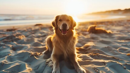 Cute happy dog purebred on the sandy beach : Generative AI - Powered by Adobe