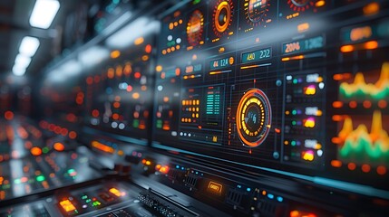 Fototapeta premium Close-up of a digital energy control display in a power management center showing hyperrealistic graphs of electricity demand and supply, with technical tools and analytics.