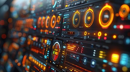 Obraz premium Close-up of a digital energy control display in a power management center showing hyperrealistic graphs of electricity demand and supply, with technical tools and analytics.