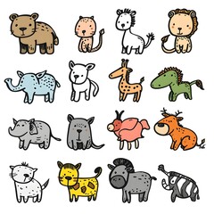 Fototapeta premium Adorable Doodle Animal Icons Illustrated in Graphic Style