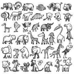 Whimsical Doodle Animal Icons on White Background