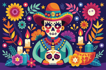 A skeleton wearing a Mexican hat, holding a candle in a festive Dia de Muertos celebration, Dia de muertos celebration Customizable Semi Flat Illustration