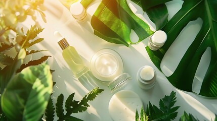 Creative layout of cosmetic skin care products body lotion face creme essencial oil serum on green leaves as background top view Natural eco beauty and organic green skin care concept : Generative AI