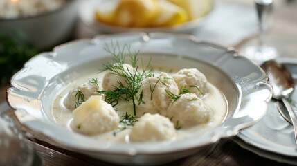 Delicious homemade dumplings in creamy sauce, topped with fresh dill, ideal for a comforting dinner atmosphere