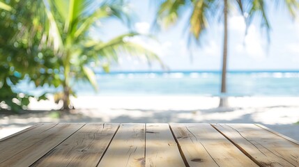 Perspective wide Table top wooden bar with blurred beautiful beach scene background coconut leaves product display mockup outside summer day time Kitchen clean wood desk board on natur : Generative AI
