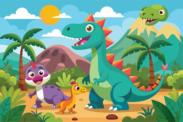 A group of dinosaurs roam through the dense jungle foliage, Dinosaurs Customizable Cartoon Illustration