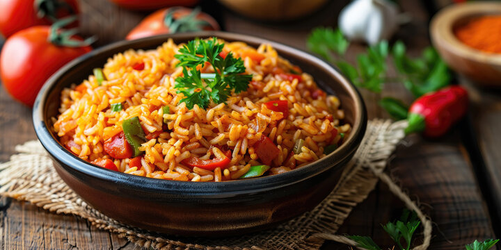 Jollof Rice on a rustic wooden table, Nigerian cuisine staple, Colorful rice dish with tomatoes and peppers