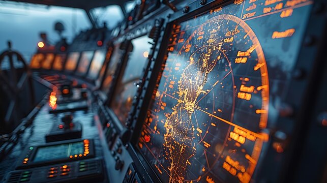 Close-up of a digital maritime control display in a navigation center showing hyperrealistic maps of vessel movements and meteorological conditions, with technical tools.