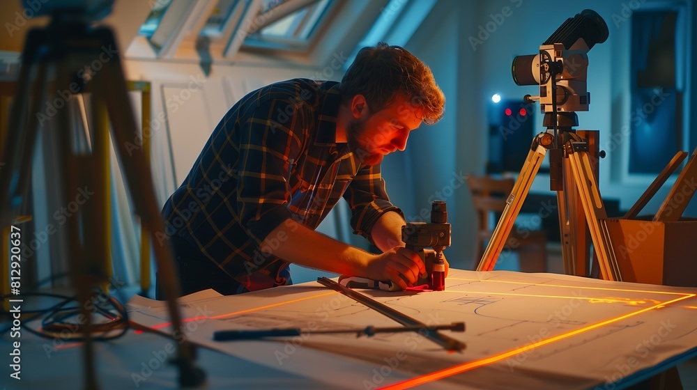Poster a draughtsman surveying building and taking measurements with a laser measuring tool : generative ai
