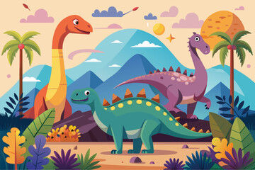 Obraz premium Several dinosaurs roam through dense jungle vegetation, Dinosaurs Customizable Semi Flat Illustration