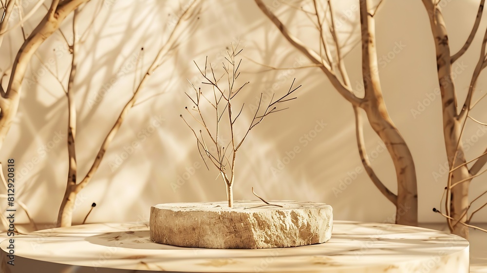 Poster podium for exhibitions and product presentations material stone wood dry branches beautiful beige ba