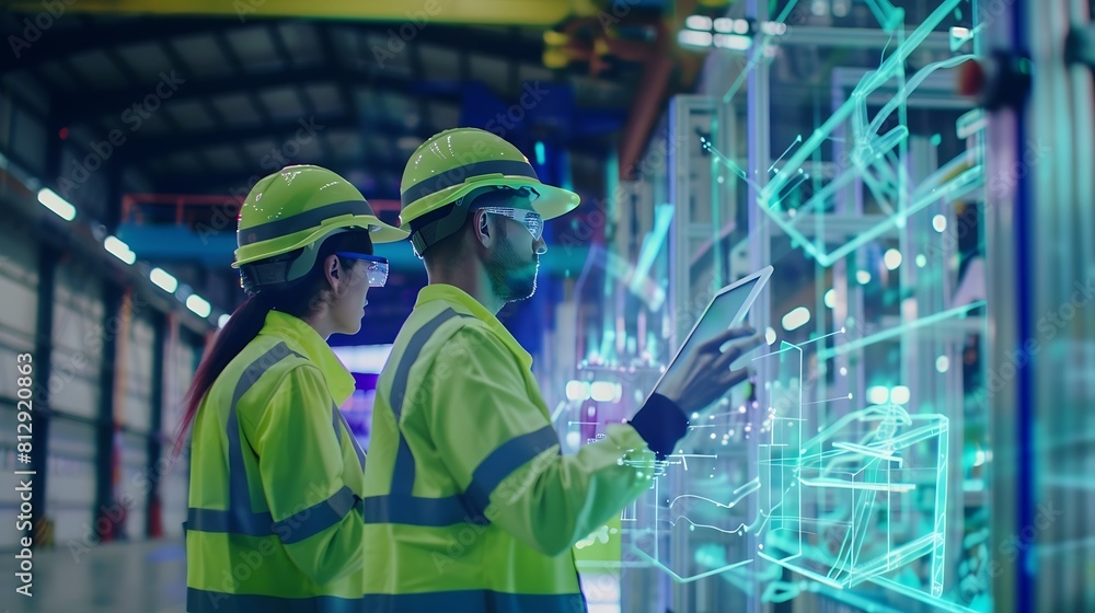 Poster Industry 40 Modern Factory Two Engineers in Empty Warehouse Use Digital Tablet Computer with Augmented Reality Software For a Room Mapping Doing 3D Factory Floor Layout High Angle Shot : Generative AI
