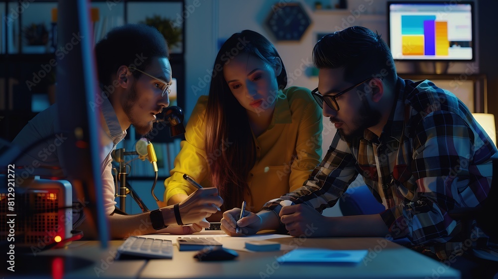 Poster Group of ux developer and ui designer brainstorming about app interface design at modern office Creative digital development agency : Generative AI