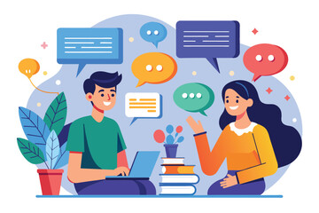 A man and a woman are seated at a table, engaged in discussion while using a laptop, Discussion Customizable Disproportionate Illustration