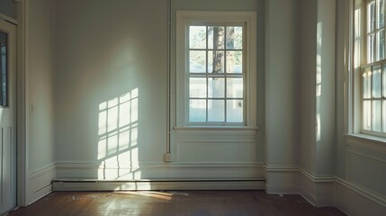 An empty room with a window and some white trim on the windowsilling is in front of the door : Generative AI