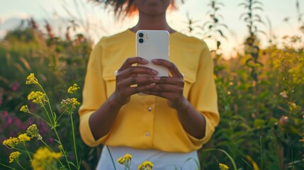 A woman is holding a white phone in a field of yellow flowers - Powered by Adobe