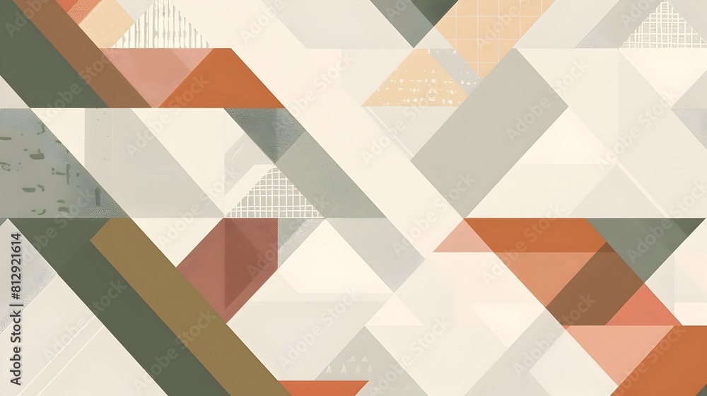 Aufkleber Geometric Interlocking Triangles and Parallelograms in Muted Earth Toned Color Palette Arranged in Asymmetrical Grid Composition on White Background