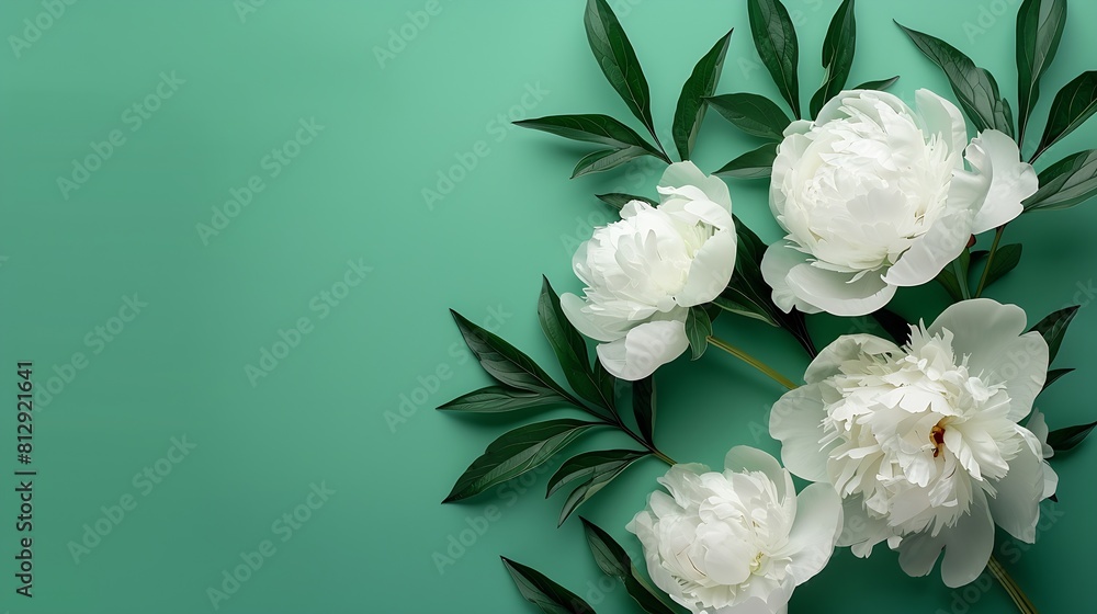 Poster creative layout made of white peony flowers on green background minimal style composition copy space