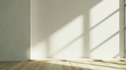 Aesthetic geometric sunlight shadows on a white textured wall and beige wooden floor empty template...