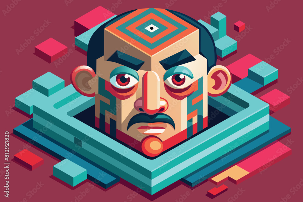 Poster a mans face featuring a dizzying geometric pattern, creating a unique and eye-catching visual effect