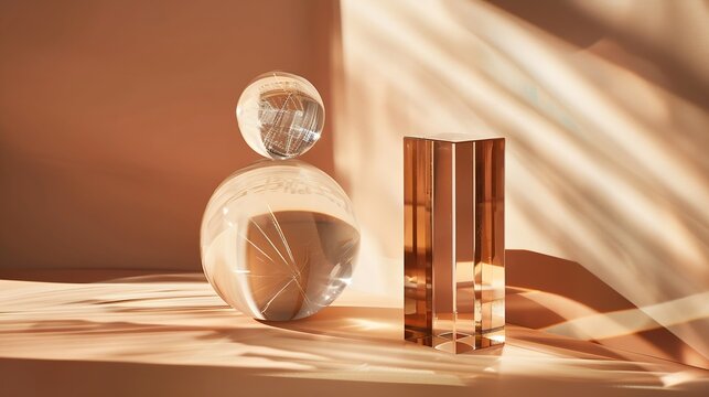 Skincare and cosmetic product showcase stand photography for online marketing include crystal ball and crystal cube stand on beige background : Generative AI