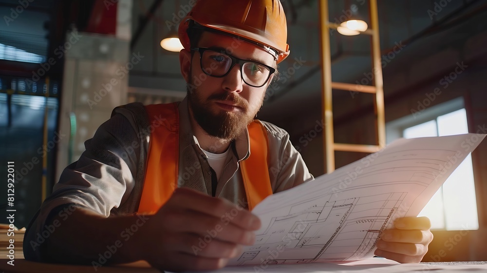 Poster portrait of an architect builder studying layout plan of the rooms serious civil engineer working wi