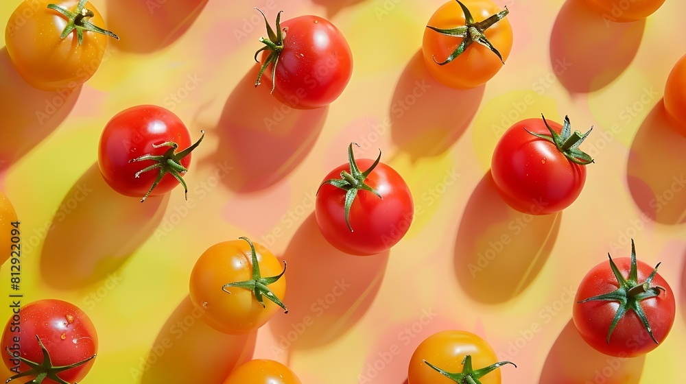 Poster flat lay of trendy gradient pattern tomato pattern of red orange and yellow tomatoes on trendy very 
