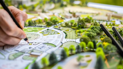 layout plan of home landscape design or garden design or landscape architecture rough sketching by hand with black pencil and circle template ruler on white paper selective focus : Generative AI