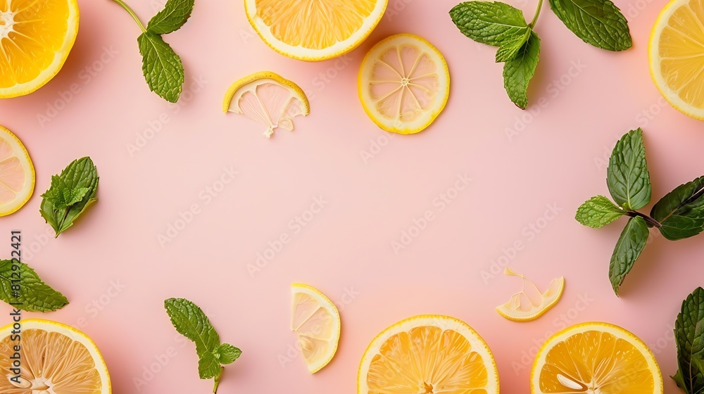Poster Citrus slices and mint herbs frame on retro pastel pink background with copyspace from above Top view of lemon and orange frame design banner : Generative AI