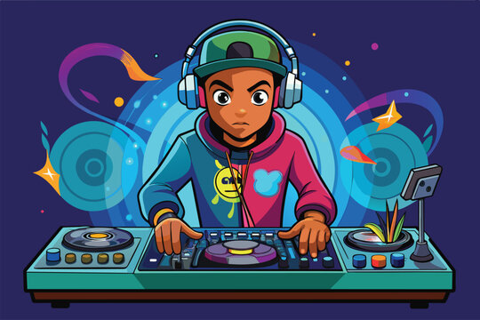 A man wearing headphones is spinning music on a turntable in a DJ party setting, Dj party Customizable Cartoon Illustration