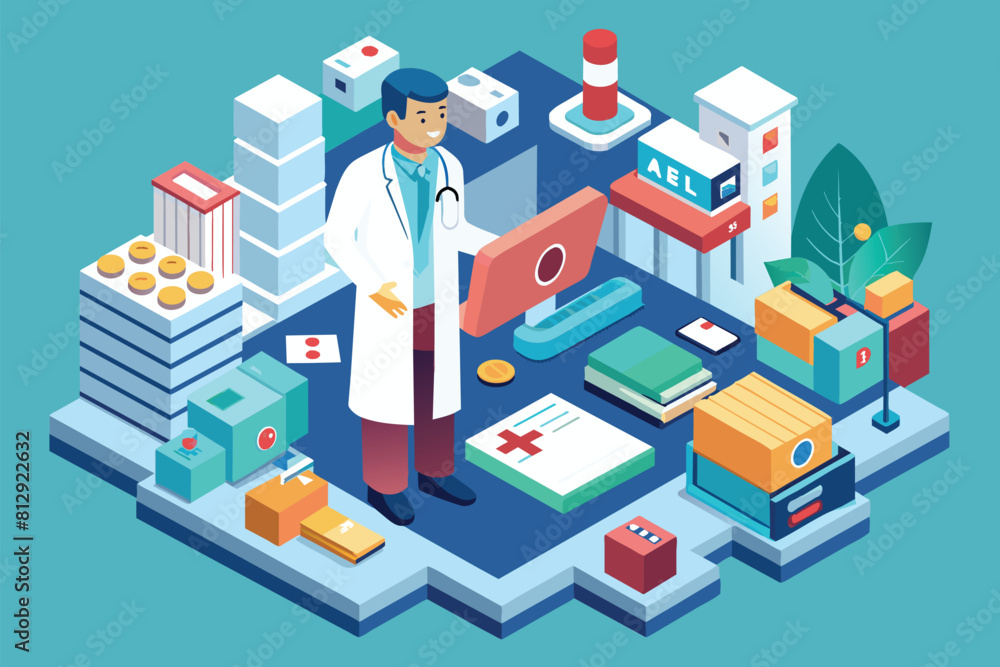 Poster a man in a lab coat stands in front of a computer, analyzing data, doctor customizable isometric ill