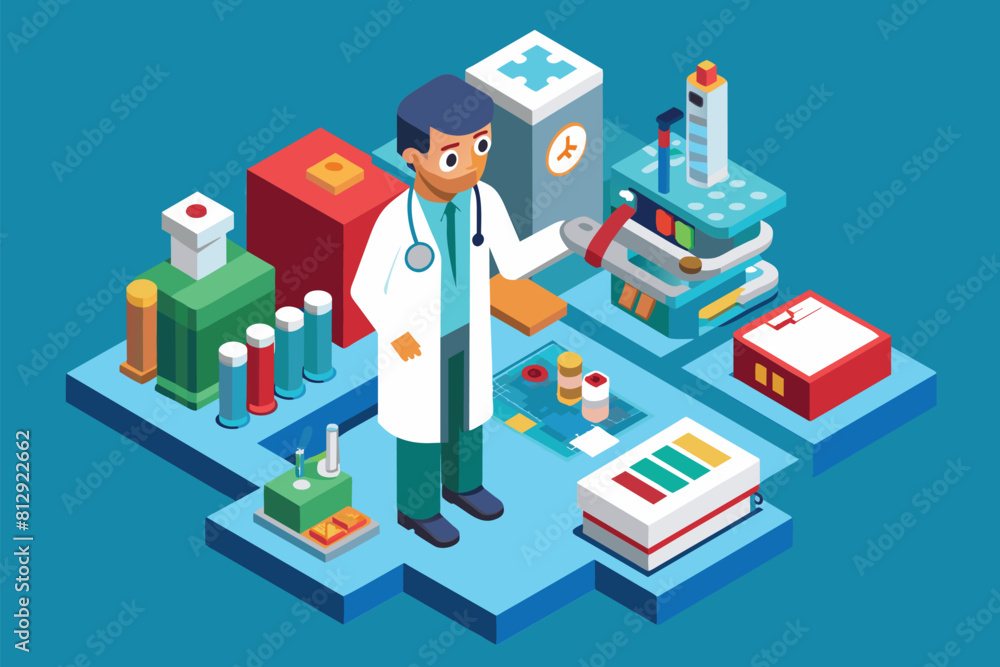 Poster a man in a lab coat standing in front of a microscope, analyzing specimens in a laboratory setting, 